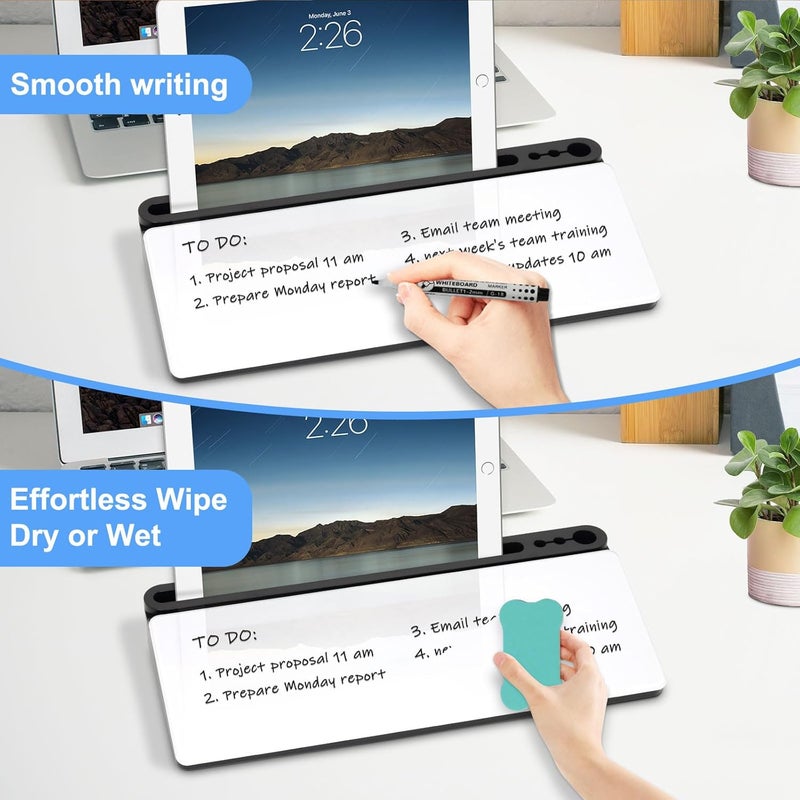 WALGLASS لوحة زجاجية بيضاء مكتبية مع تخزين، لوحة بيضاء للمكتب مع حامل لوحة مفاتيح الكمبيوتر، لوحة بيضاء قابلة للمسح الجاف مع أدراج لتنظيم وإكسسوارات المكتب في المنزل والمدرسة والمكتب - Image 5
